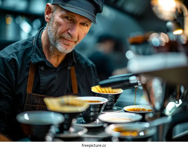 Barista carefully pouring hot water over coffee grounds in a pour-over coffee maker
