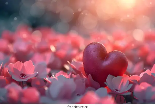 There is a red heart in the pink flower field