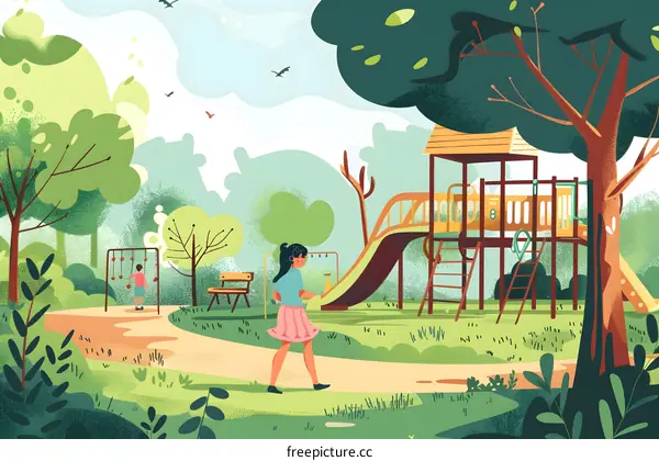 Children Playing in Park with Playground Equipment