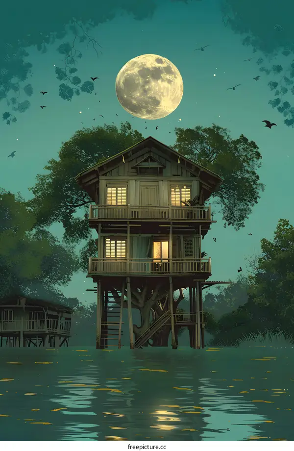 Nighttime Treehouse on the Water
