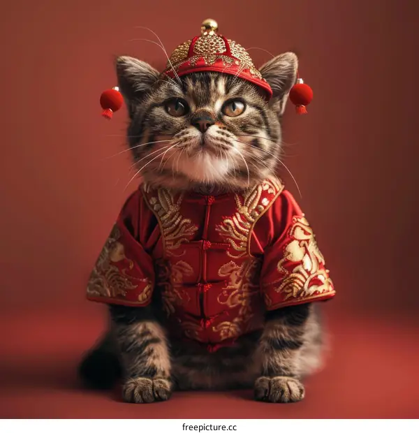 A cute cat wearing a traditional Chinese outfit