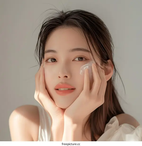 Beautiful Asian Woman Applying Cream to Face