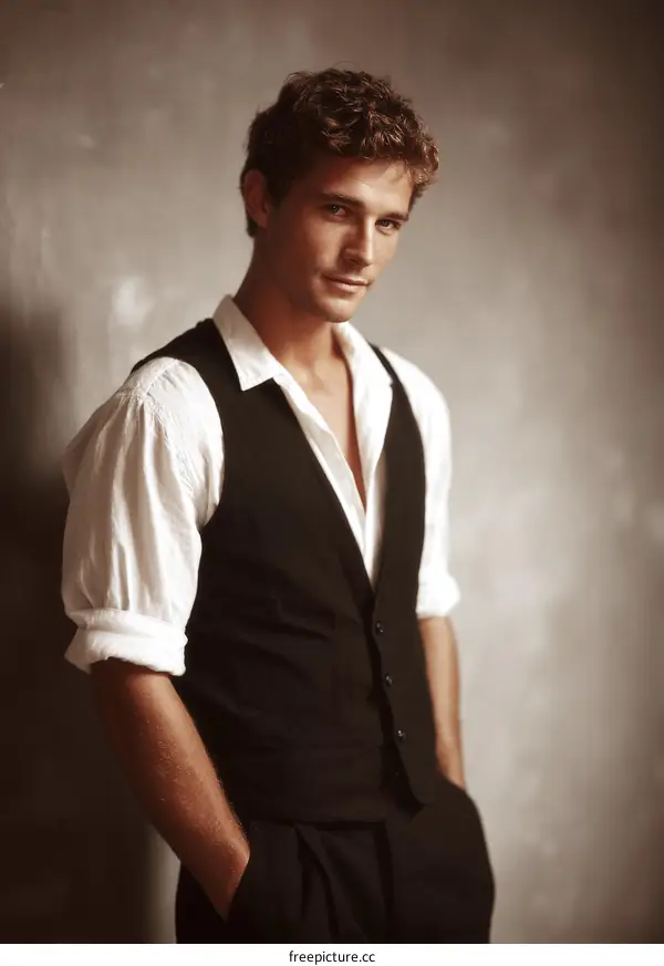 Handsome Caucasian Man in Stylish Vest and Shirt