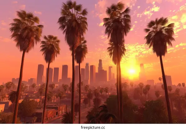 Palm trees and sunset in a city