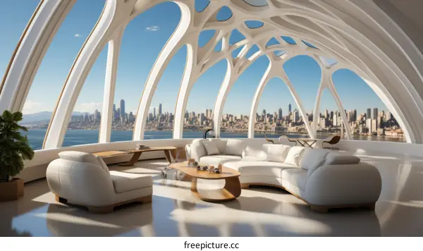futuristic interior design living room with city view