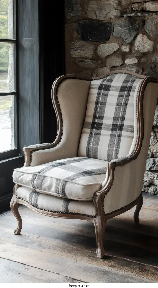 Vintage Wingback Armchair with Plaid Fabric
