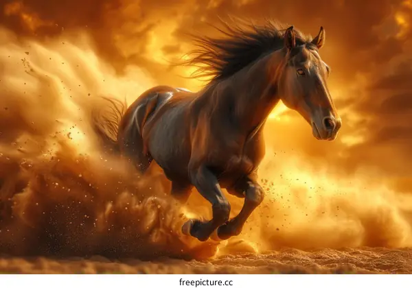 A horse running in the desert with a sandstorm in the background