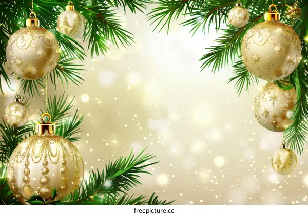 Christmas background with hanging golden balls and fir branches