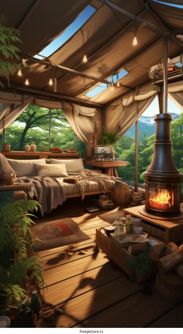 A cozy living space with a fireplace and a view of the forest