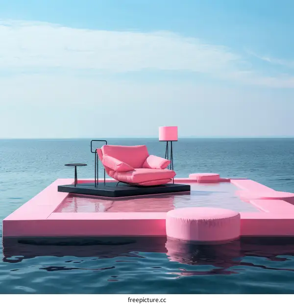 Pink platform floating on water with pink furniture