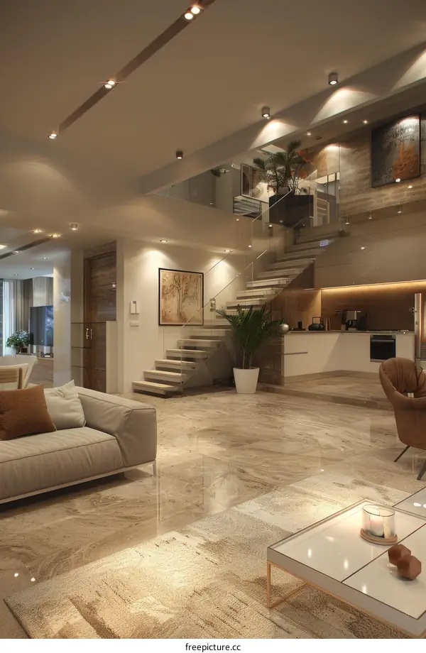Duplex Apartment: Living Room with Bold Staircase Design Concept