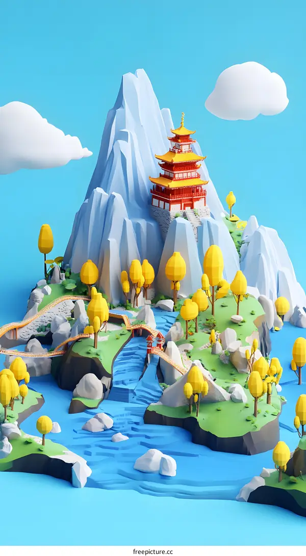 Low Poly Mountain Landscape With Temple