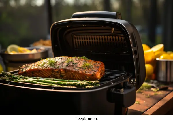 Black electric grill with a salmon fillet and asparagus on it