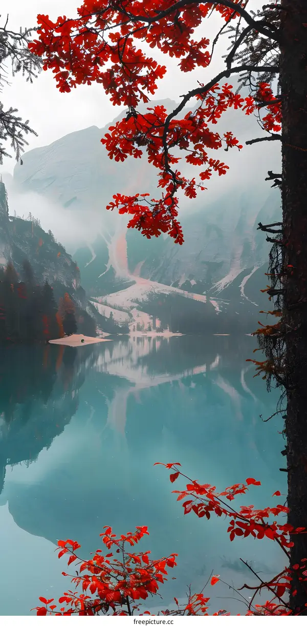 Red Leaves Reflecting On Calm Lake In Mountain