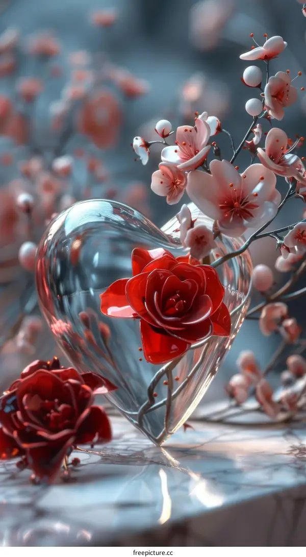Glass Heart with Red Rose and Cherry Blossom