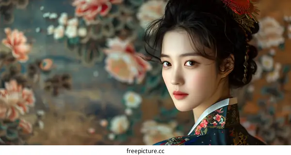 Portrait of a young woman in traditional Korean dress, or Hanbok