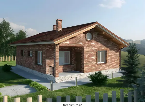 Brick House with Brown Roof and Green Grass