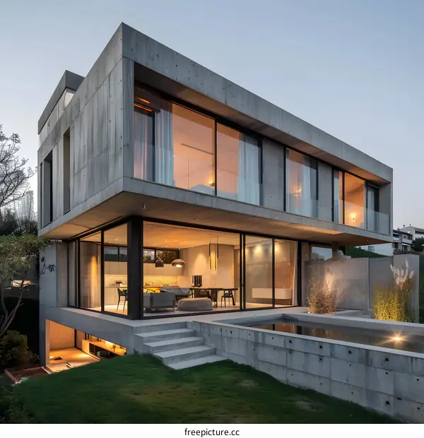Modern Concrete House with Pool and Large Windows