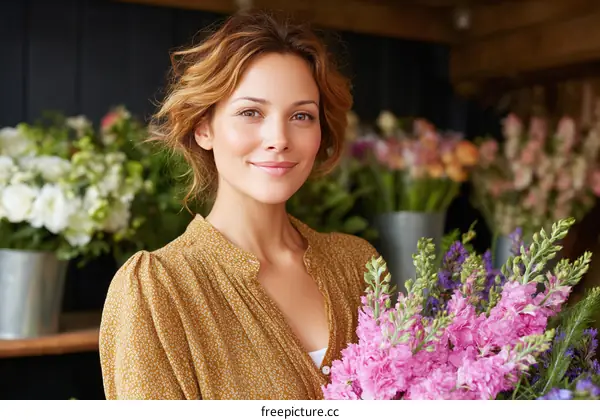 Smiling Florist Woman Holding Flowers
