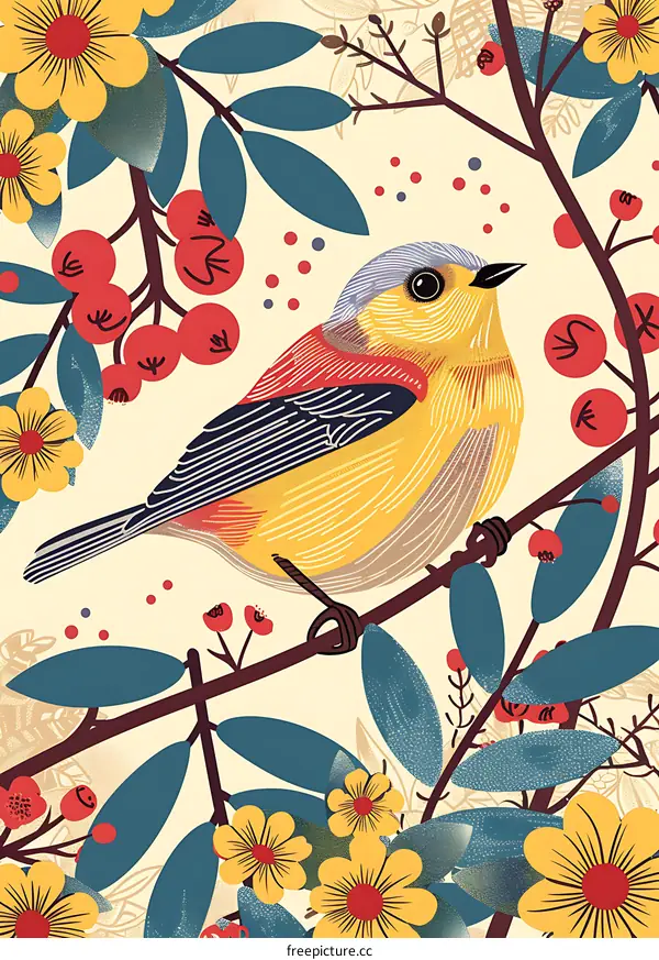 Colorful Bird on a Branch of Flowers and Berries