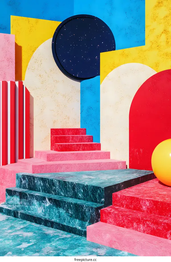 Abstract Colorful Geometric Shapes With Stairs and Platform for Minimalist Product Display