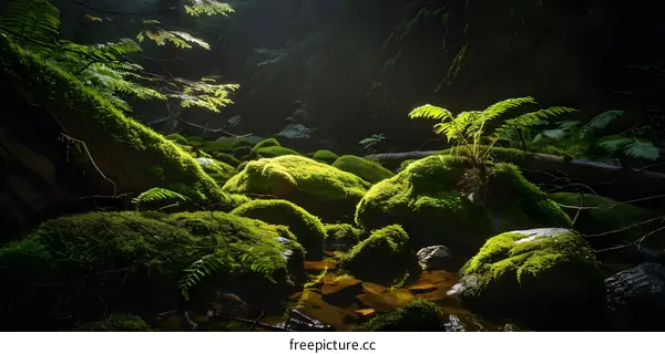 Sunlit Moss Covered Rocks in a Forest Stream