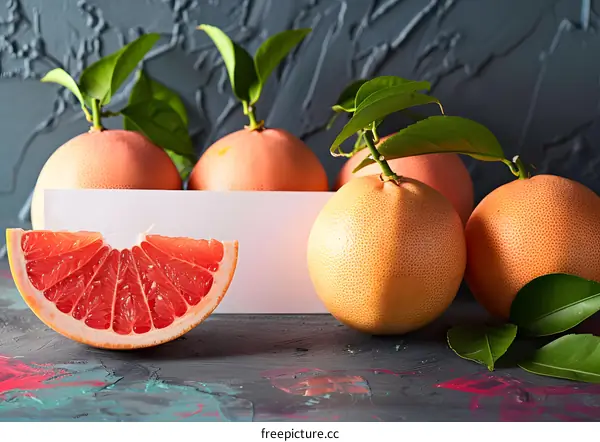Fresh Grapefruit With Green Leaves On A Grey Background
