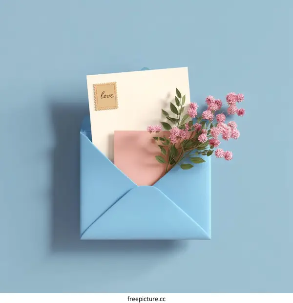 A Blue Envelope with a Love Note and Flowers
