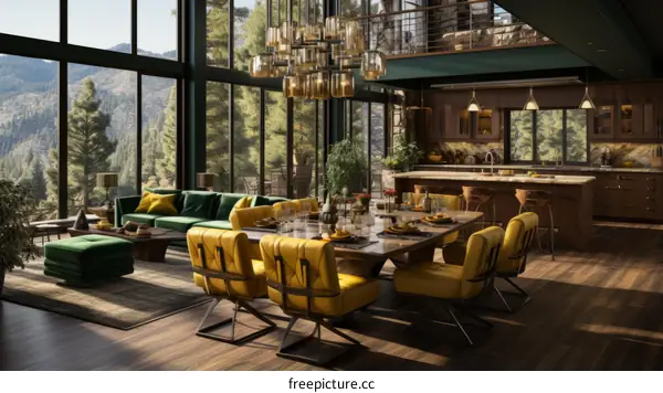 Modern house interior living room and dining room with forest view