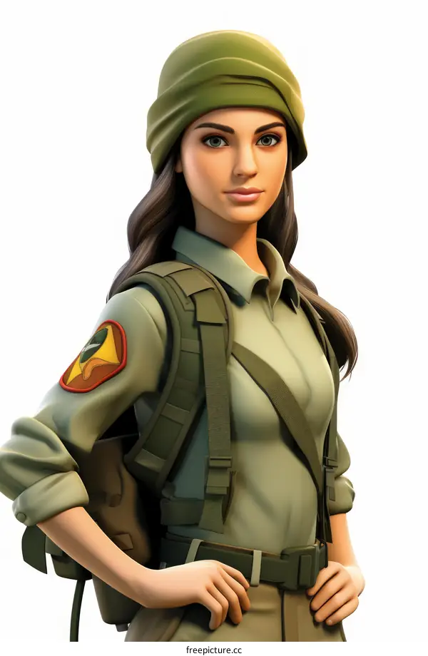 A female soldier wearing a green beret and a green vest