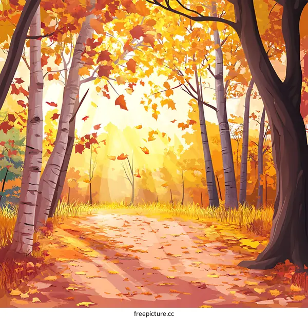 Autumn Forest Path with Sun Rays Shining Through Trees