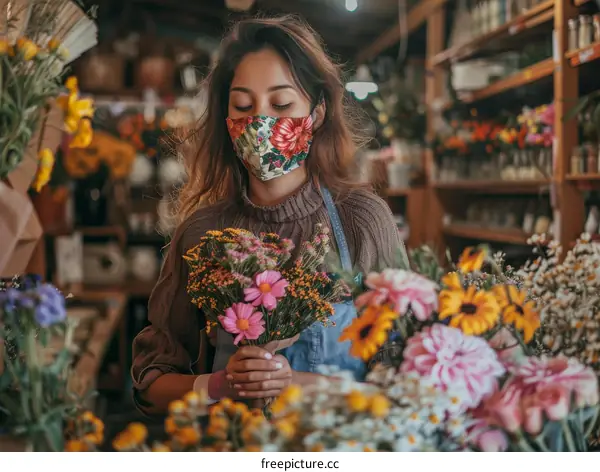 Young Asian woman wearing a floral face mask working in a flower shop