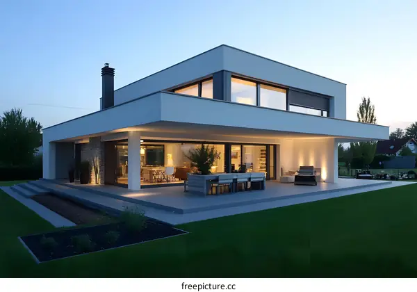 Modern White House with Patio and Green Lawn at Dusk