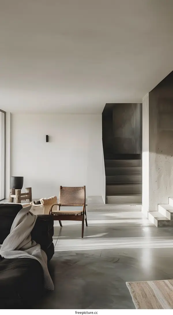 Minimalist Living Room with Concrete Stairs and Wooden Chair