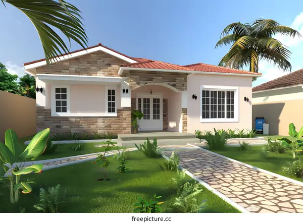 Modern House With Stone Facade And Green Garden