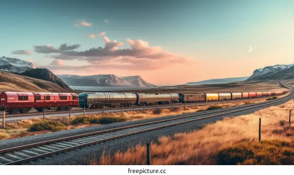 A long train of freight cars winds through a rural landscape