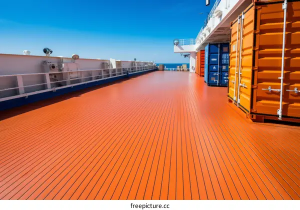 The deck of a container ship with a blue sky and ocean in the background