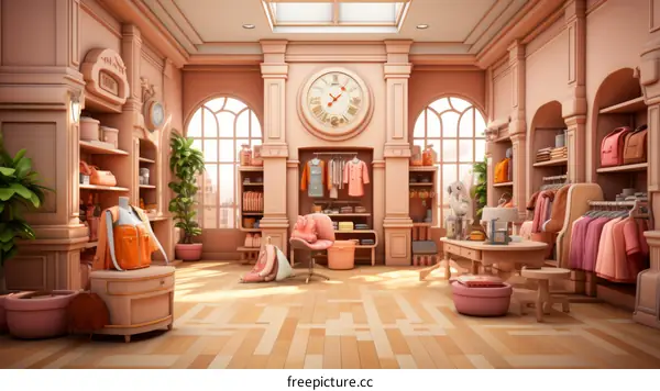 Pink Boutique Interior 3D Rendering with Clothes and Accessories