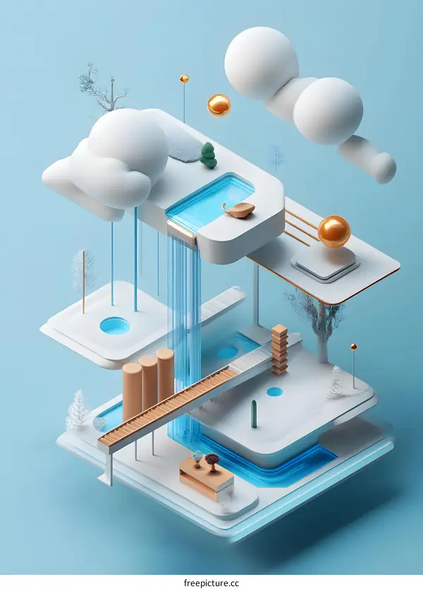 Abstract 3D Illustration of a Miniature World with a Waterfall, Clouds and Golden Spheres