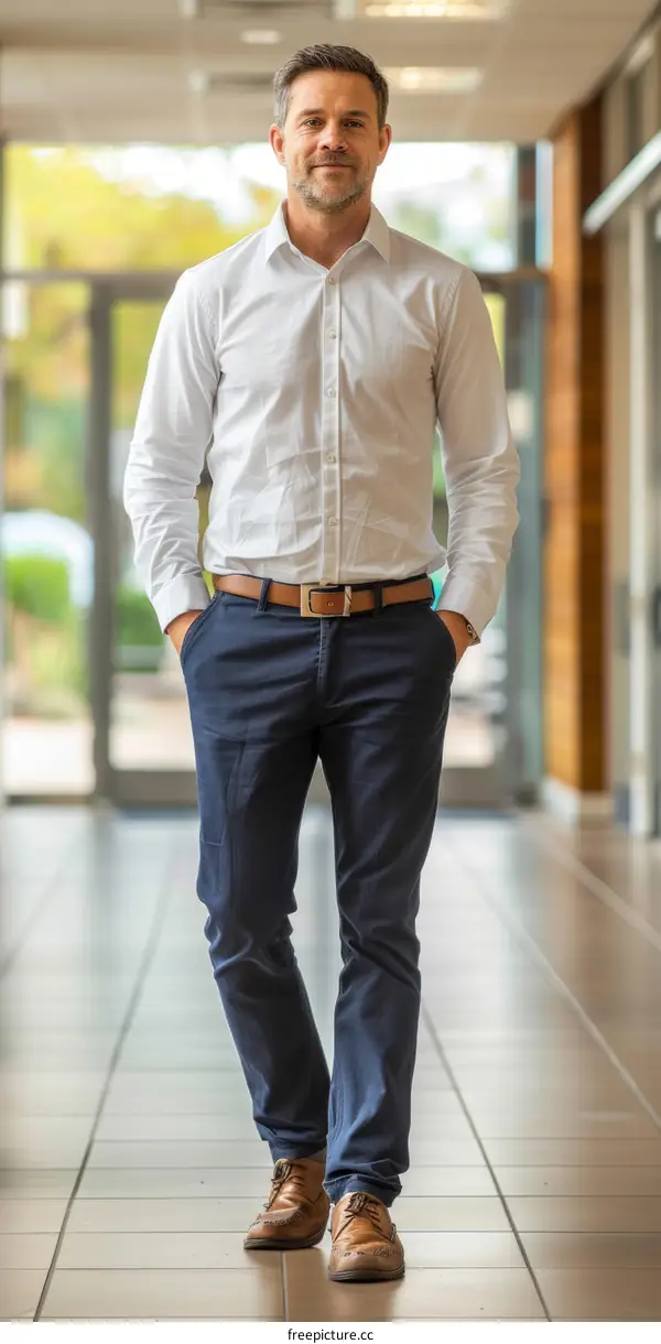 Confident businessman in a white shirt and blue pants