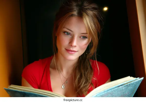 Young Woman Reading a Book in Red Top