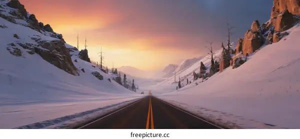 Winter Road Trip Through Snowy Mountains at Sunrise