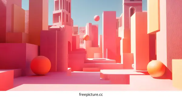 Abstract Cityscape with Floating Spheres in Pink and Orange Hues