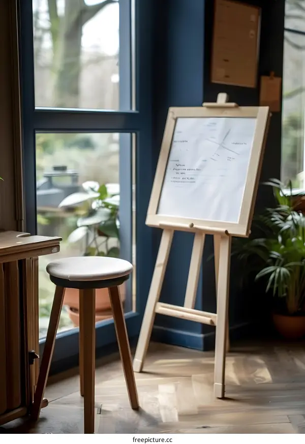 Wooden Stool and Easel Near Window