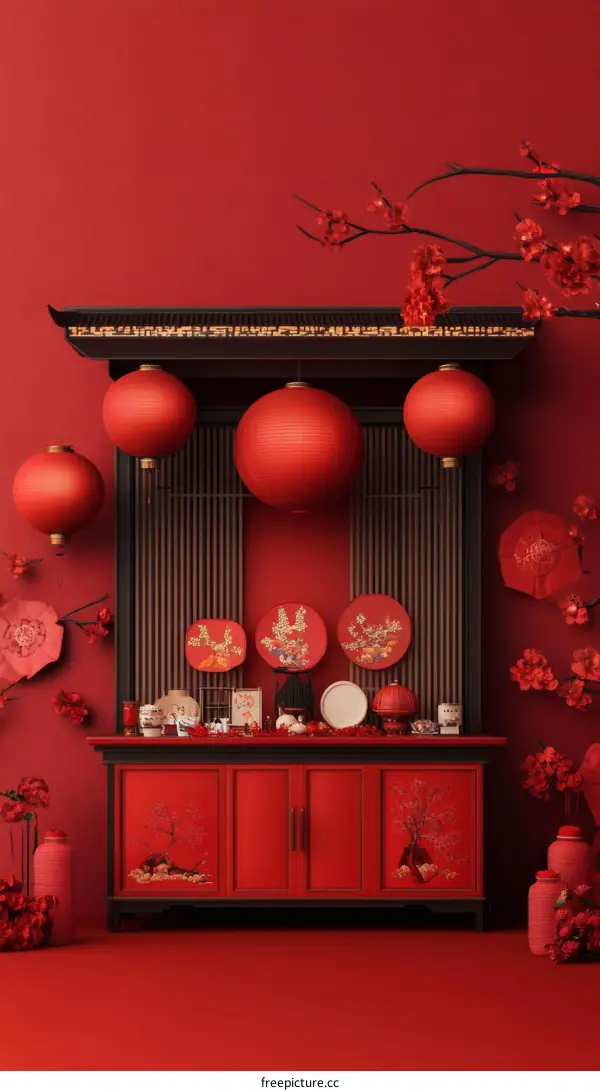 Red Chinese Style Display Cabinet Illustration