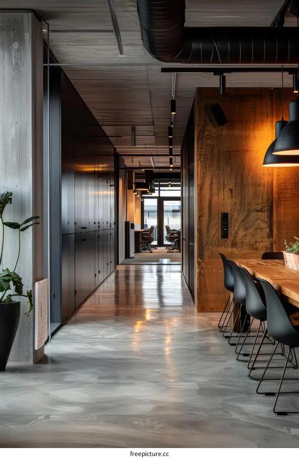Minimalistic Office Interior with Black Furniture and Wooden Wall