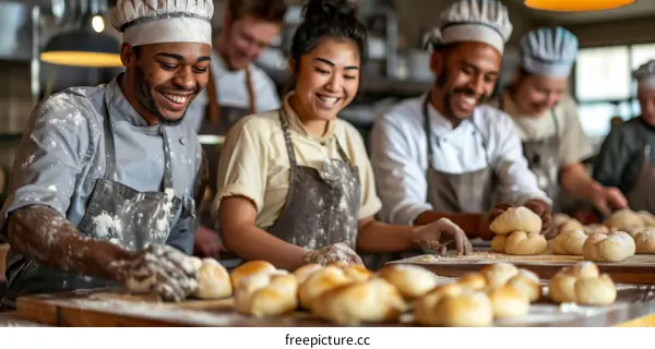 Smiling multiethnic bakers working together in a bakery