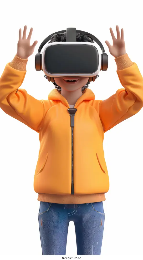 3D illustration of a young boy wearing a virtual reality headset and raising his hands
