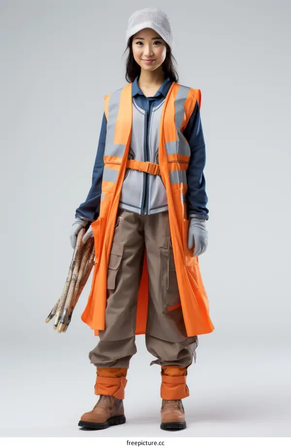 Asian Woman Construction Worker with Clipboard