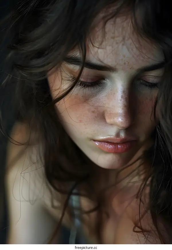 portrait of a young woman with freckles and brown hair